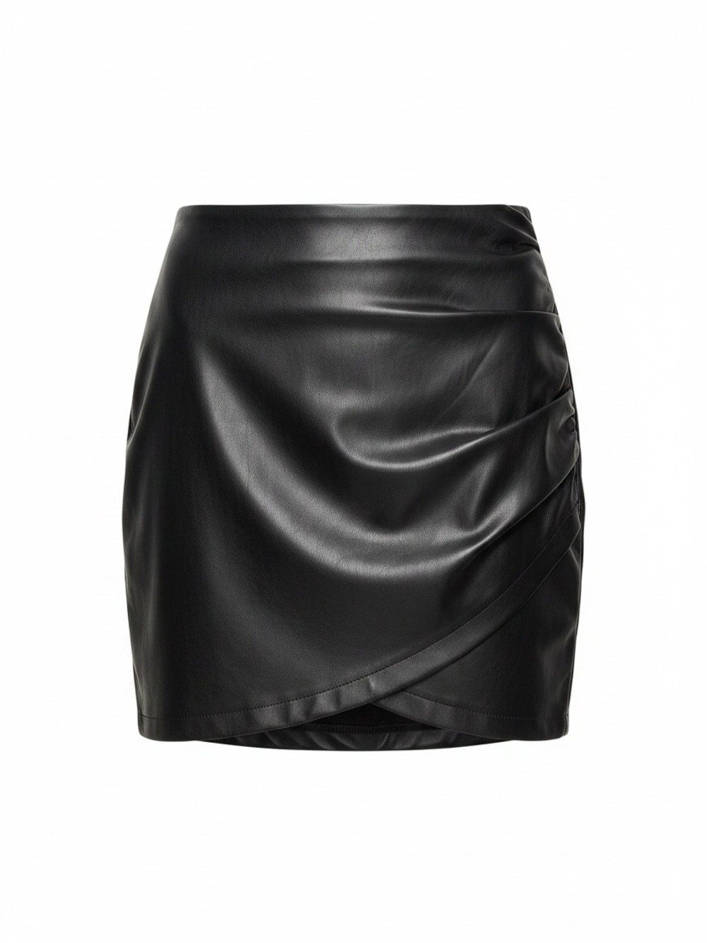 Sleek Black Faux Leather Mini Skirt with Draped Detail